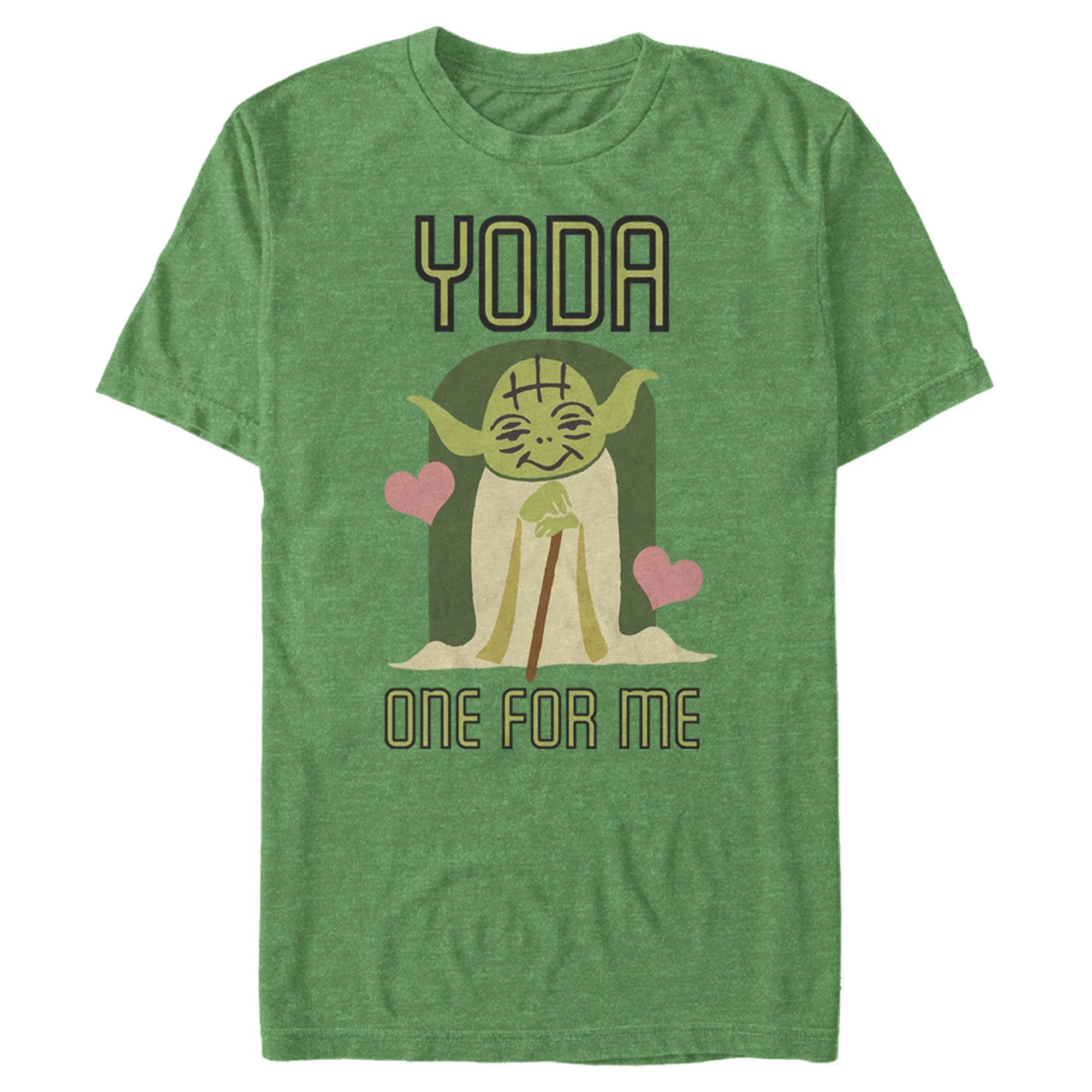 Green T-shirt with Yoda and pink hearts on it that says “YODA ONE FOR ME”.