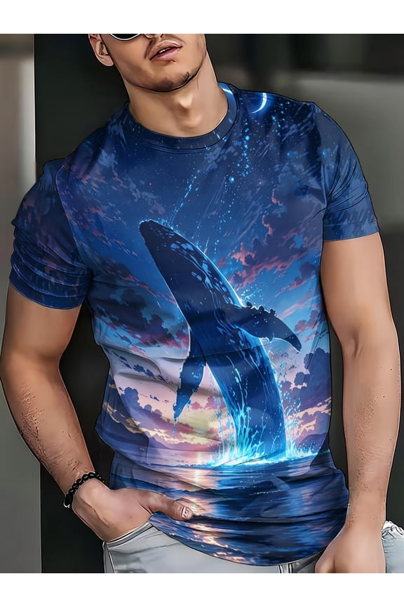 Men's Starry Night Whale Print T-Shirt - Short Sleeve Casual Round Neck Tee with & Whale Design, Machine Washable Suitable for Casual Attire, Astronomy & Marine Theme Apparel, PLUS SIZE