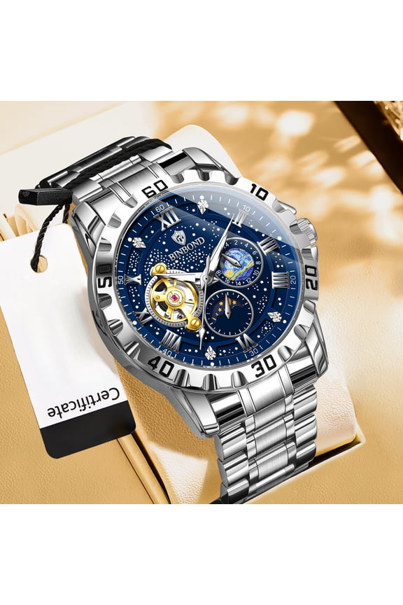 Men's Starry Sky Mechanical Watch, 30M Waterproof Luminous Moon Phase Two-Tone Steel Band