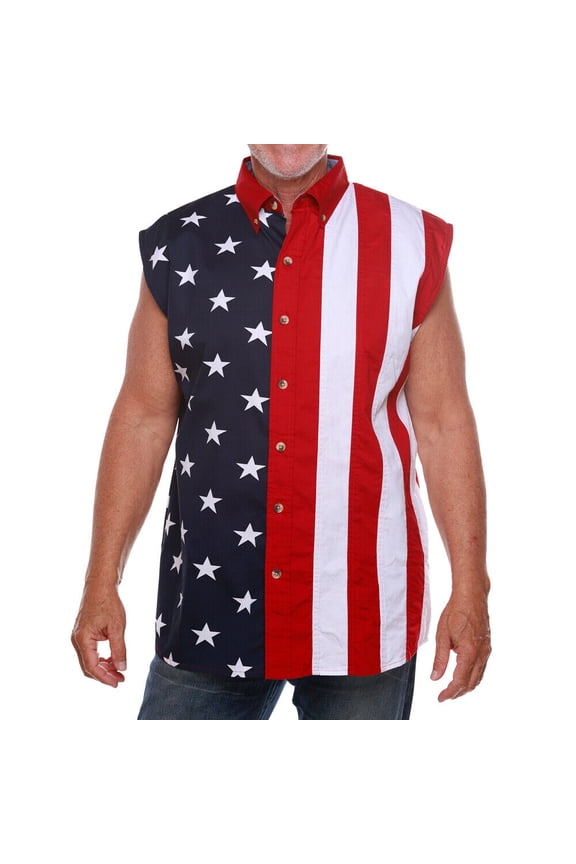 Men's Stars & Stripe American Flgs 100% Cotton Sleeveless Button-Up Shirt