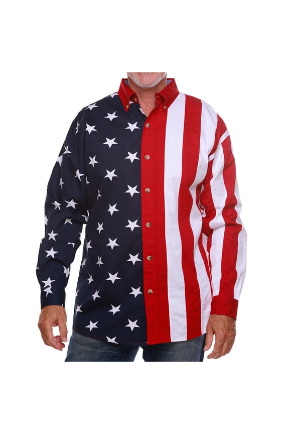 Men's Stars & Stripes American Flag 100% Cotton Long Sleeve Button-Up Shirt USA