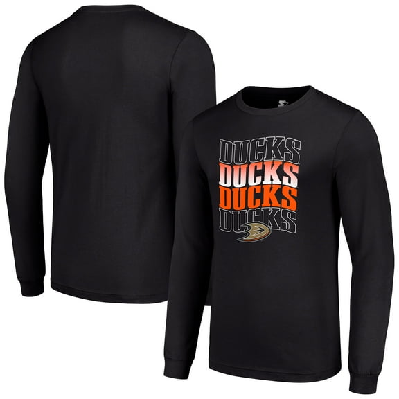 Men's Starter Black Anaheim Ducks Four Team Name Logo Long Sleeve Graphic T-Shirt