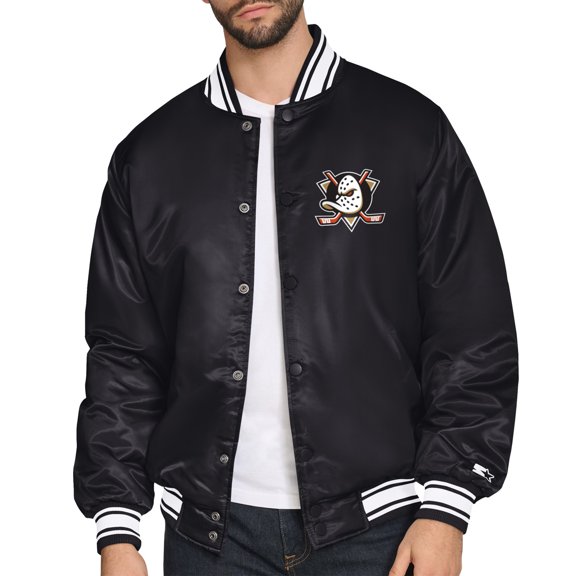 Men's Starter Black Anaheim Ducks Triangle Satin Varsity Full-Snap Jacket