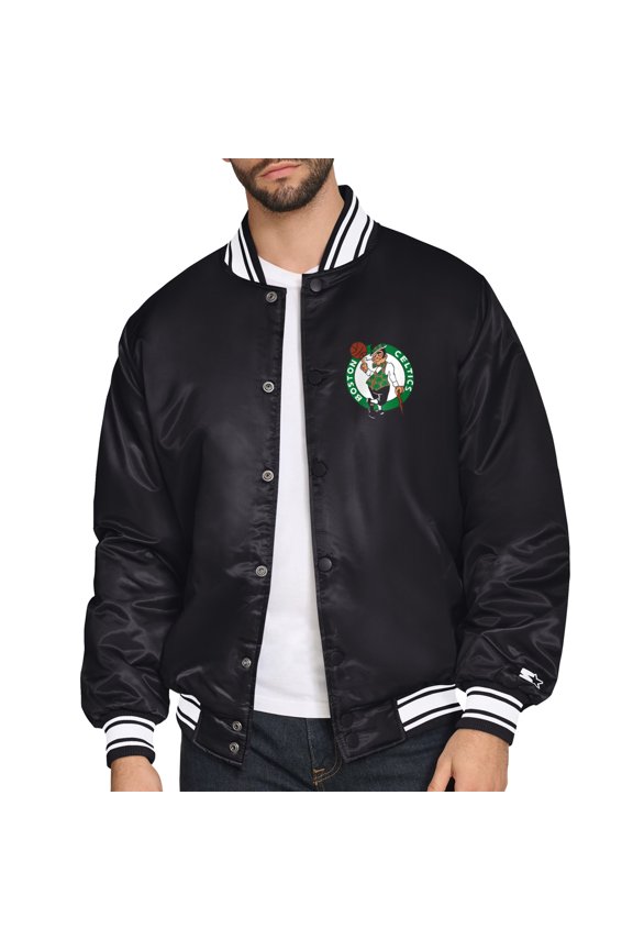 Men's Starter Black Boston Celtics Printed Team Logo Satin Varsity Full-Snap Jacket