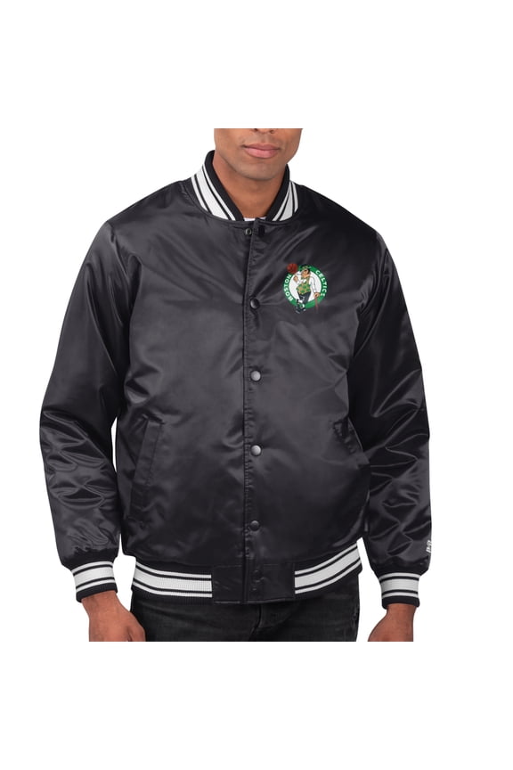 Men's Starter Black Boston Celtics Printed Team Name Satin Varsity Full-Snap Jacket