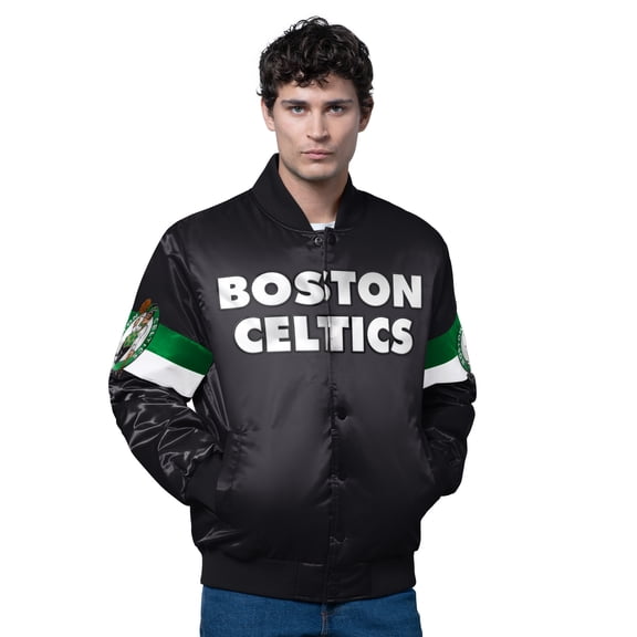Men's Starter Black Boston Celtics Triple Option Varsity Full-Snap Satin Jacket