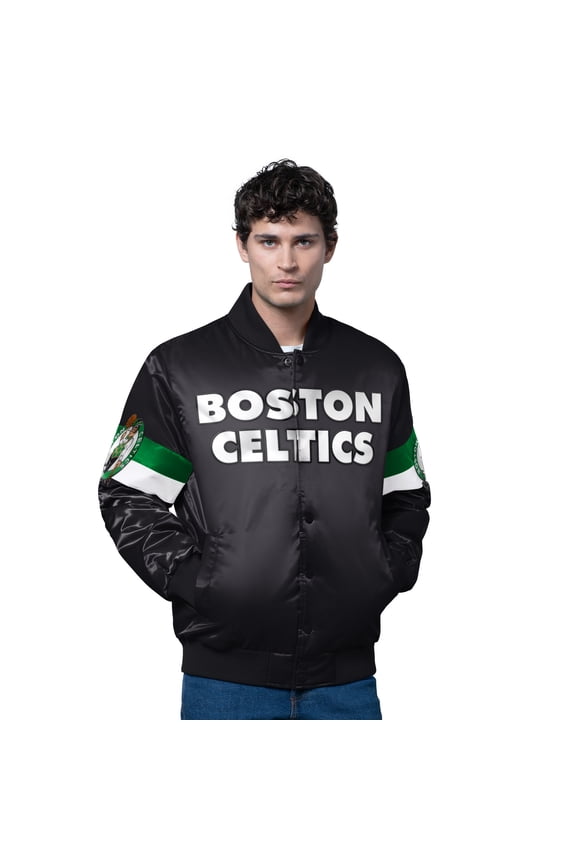 Men's Starter Black Boston Celtics Triple Option Varsity Full-Snap Satin Jacket