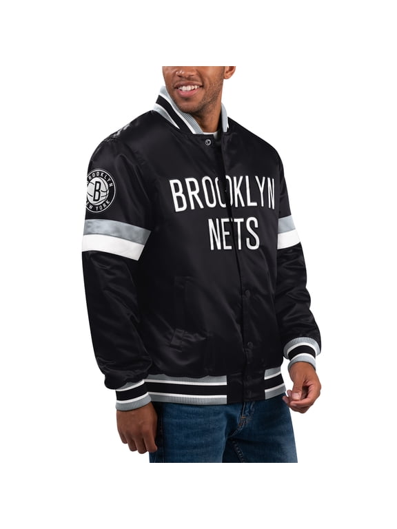 Men's Starter Black Brooklyn Nets Home Game Satin Full-Snap Varsity Jacket
