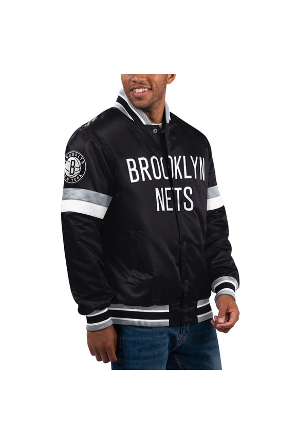 Men's Starter Black Brooklyn Nets Home Game Satin Full-Snap Varsity Jacket