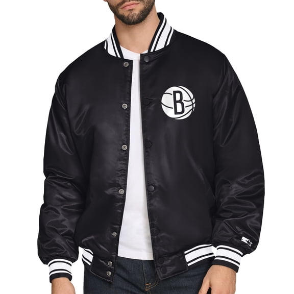 Men's Starter Black Brooklyn Nets Printed Team Logo Satin Varsity Full-Snap Jacket