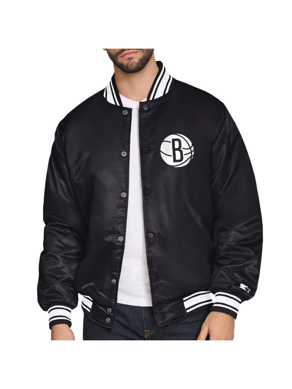 Men's Starter Black Brooklyn Nets Printed Team Logo Satin Varsity Full-Snap Jacket