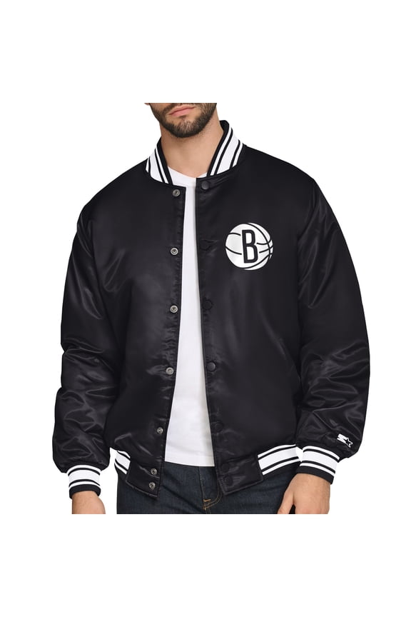 Men's Starter Black Brooklyn Nets Printed Team Logo Satin Varsity Full-Snap Jacket