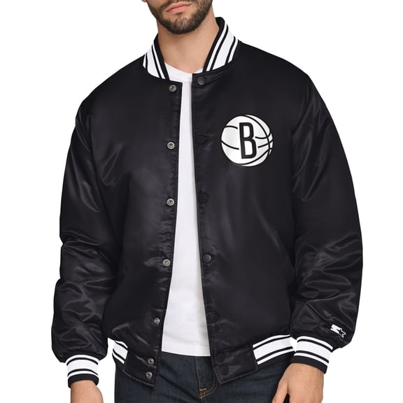 Men's Starter Black Brooklyn Nets Triangle Full-Snap Varsity Jacket