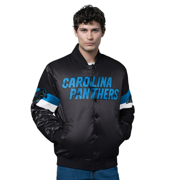 Men's Starter Black Carolina Panthers Triple Option Satin Varsity Full-Snap Jacket