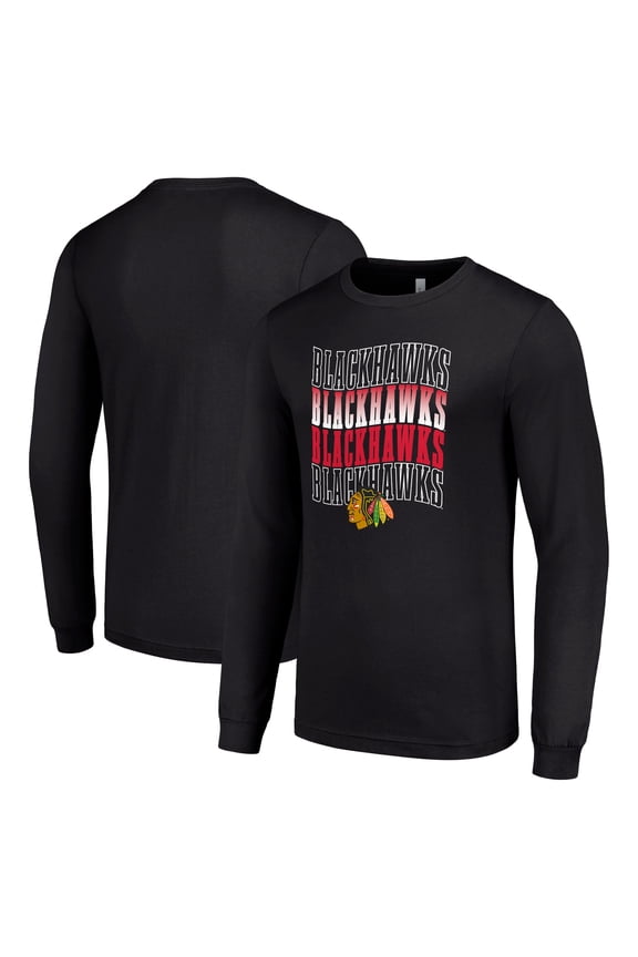 Men's Starter Black Chicago Blackhawks Four Team Name Logo Long Sleeve Graphic T-Shirt