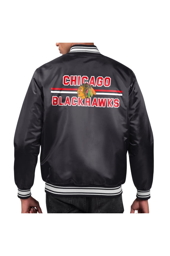 Men's Starter  Black Chicago Blackhawks Printed Team Logo Satin Varsity Full-Snap Jacket