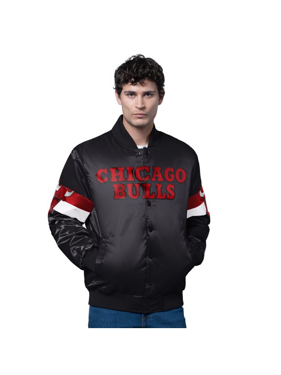 Men's Starter Black Chicago Bulls Triple Option Varsity Full-Snap Satin Jacket