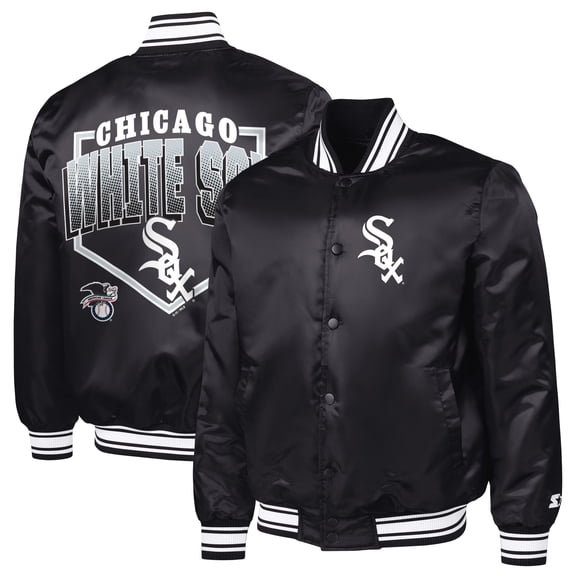 Men's Starter Black Chicago White Sox Home Plate Printed Graphic Satin Full-Snap Varsity Jacket