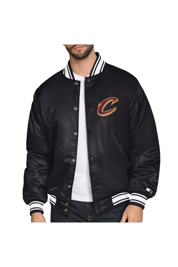Men's Starter Black Cleveland Cavaliers Printed Team Logo Satin Varsity Full-Snap Jacket