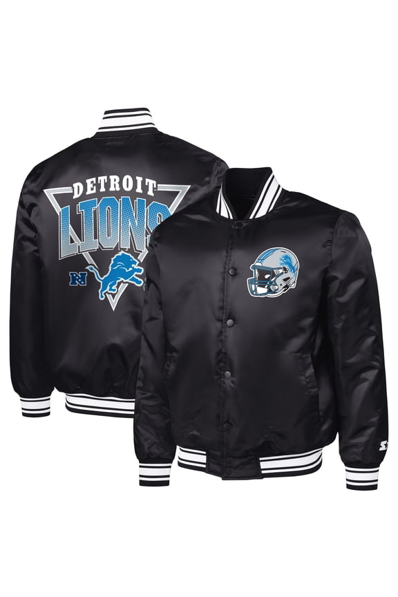 Men's Starter Black Detroit Lions Printed Triangle Graphic Satin Full-Snap Varsity Jacket