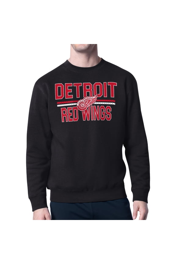 Men's Starter Black Detroit Red Wings Mesh Look Team Name Logo Pullover Sweatshirt
