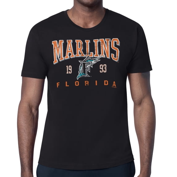 Men's-Starter Black Florida Marlins Cooperstown Collection Distressed Logo T-Shirt