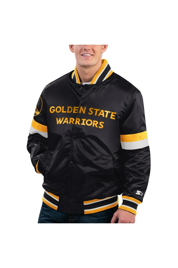 Men's Starter Black Golden State Warriors Home Game Satin Full-Snap Varsity Jacket