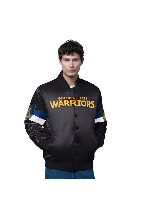 Men's Starter Black Golden State Warriors Triple Option Varsity Full-Snap Satin Jacket