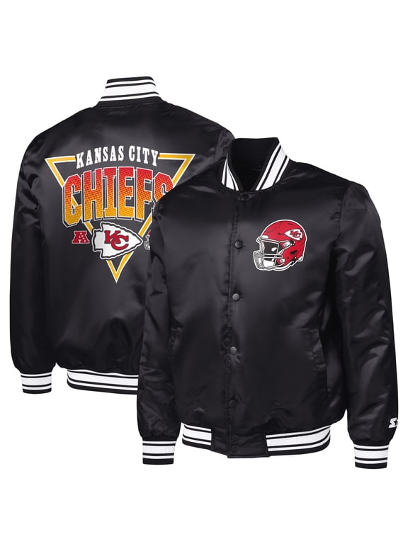 Men's Starter Black Kansas City Chiefs Printed Triangle Graphic Satin Full-Snap Varsity Jacket