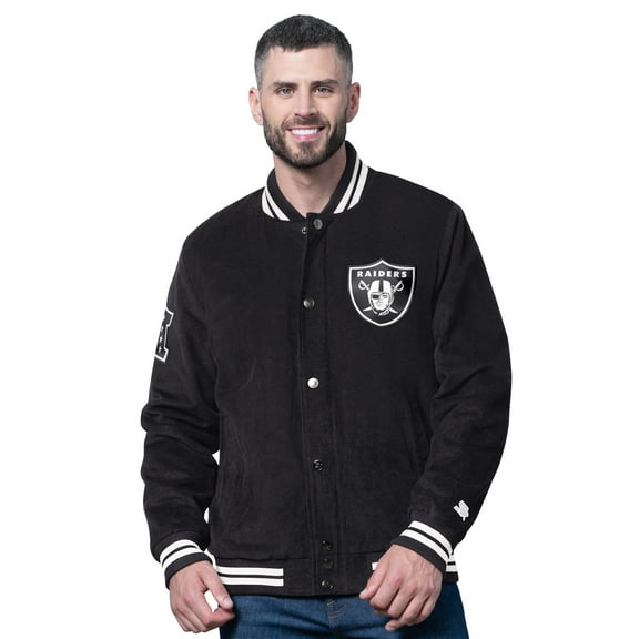 Men's Starter Black Las Vegas Raiders Blackout Corduroy Full-Snap Varsity Jacket