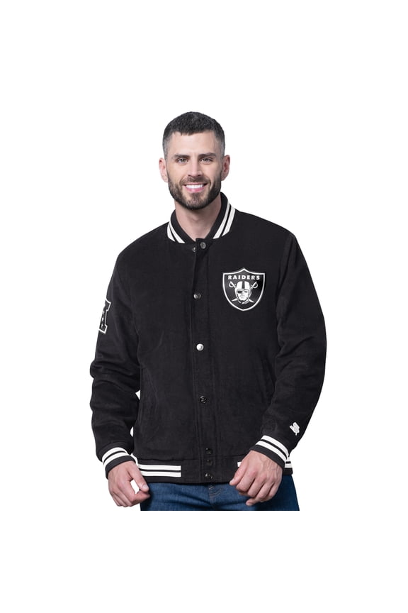 Men's Starter Black Las Vegas Raiders Blackout Corduroy Full-Snap Varsity Jacket