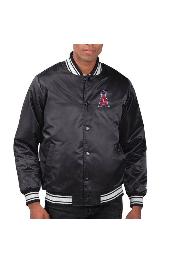 Men's Starter Black Los Angeles Angels Printed Team Logo Satin Varsity Full-Snap Jacket