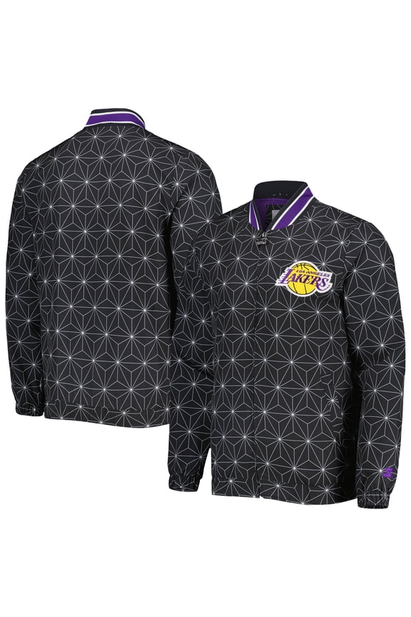 Men's Starter Black Los Angeles Lakers In-Field Play Fashion Satin Full-Zip Varsity Jacket