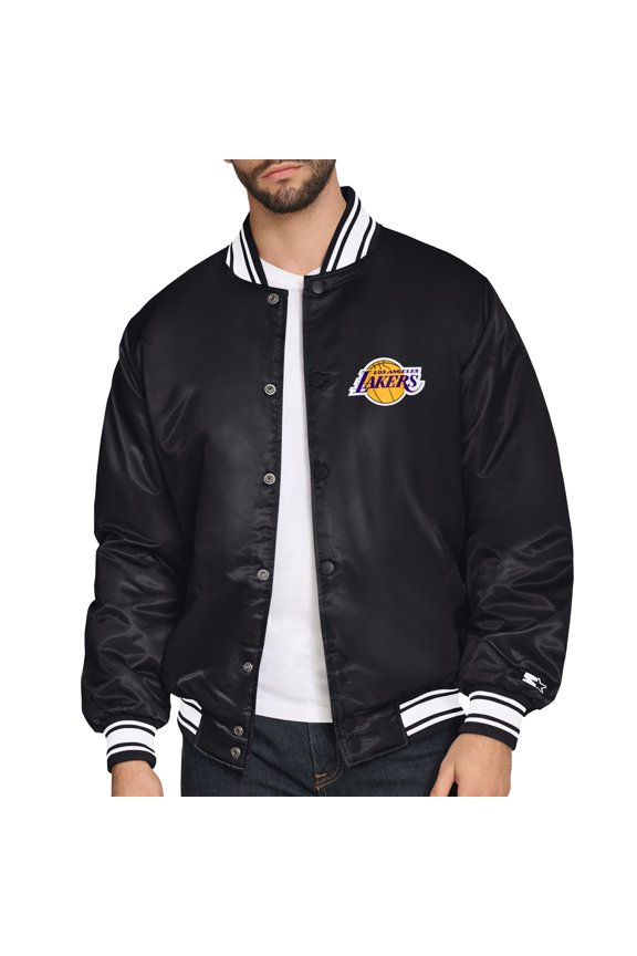 Men's Starter Black Los Angeles Lakers Printed Team Logo Satin Varsity Full-Snap Jacket