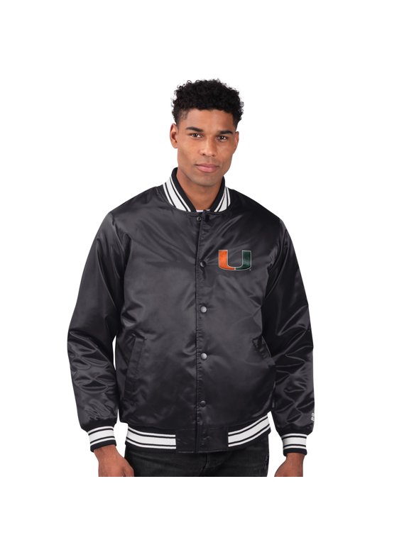 Men's Starter Black Miami Hurricanes Core Satin Varsity Full-Snap Jacket