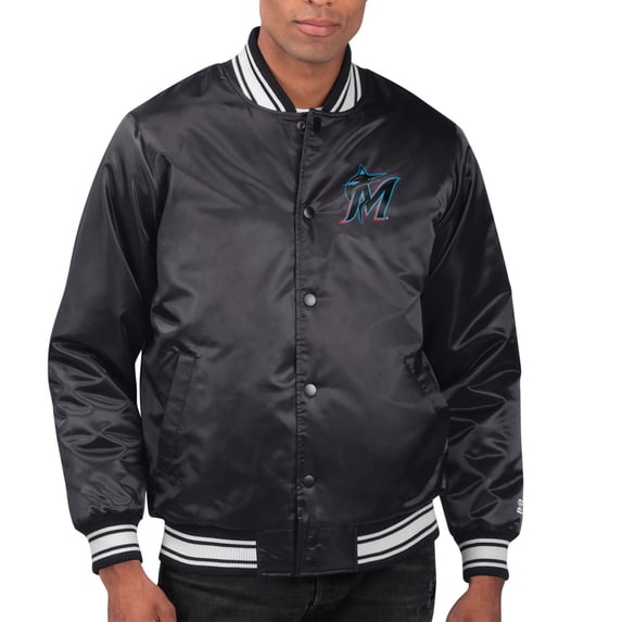 Men's Starter Black Miami Marlins Printed Team Logo Satin Varsity Full-Snap Jacket