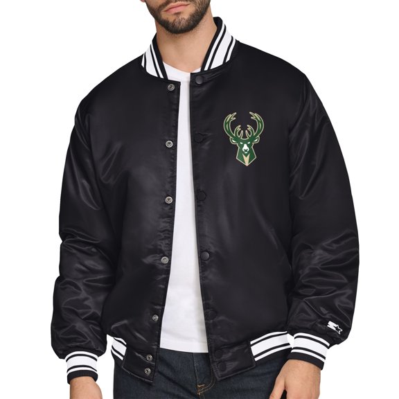 Men's Starter Black Milwaukee Bucks Triangle Full-Snap Varsity Jacket