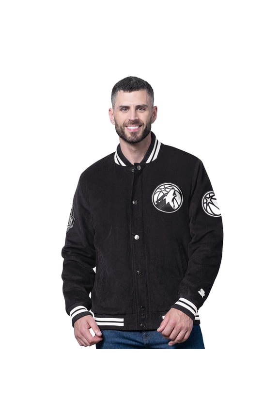 Men's Starter Black Minnesota Timberwolves Blackout Corduroy Full-Snap Varsity Jacket