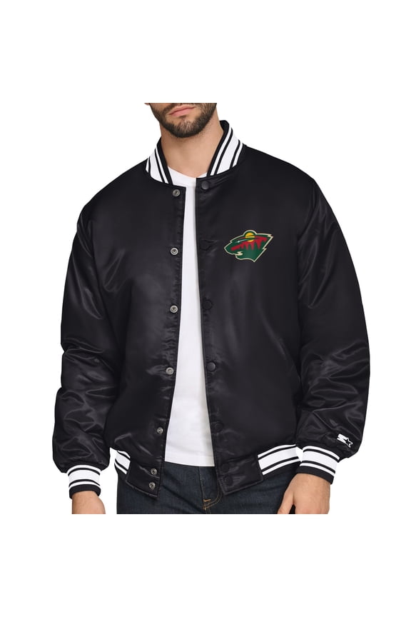 Men's Starter Black Minnesota Wild Triangle Satin Varsity Full-Snap Jacket