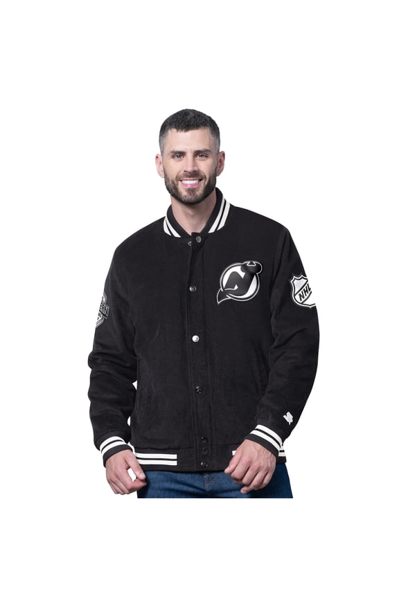 Men's Starter Black New Jersey Devils Blackout Corduroy Full-Snap Varsity Jacket