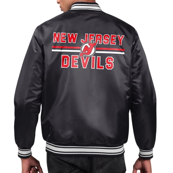Men's Starter Black New Jersey Devils Printed Team Logo Satin Varsity Full-Snap Jacket