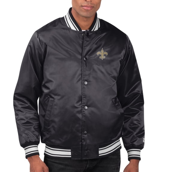 Men's Starter Black New Orleans Saints Printed Team Logo Satin Varsity Full-Snap Jacket