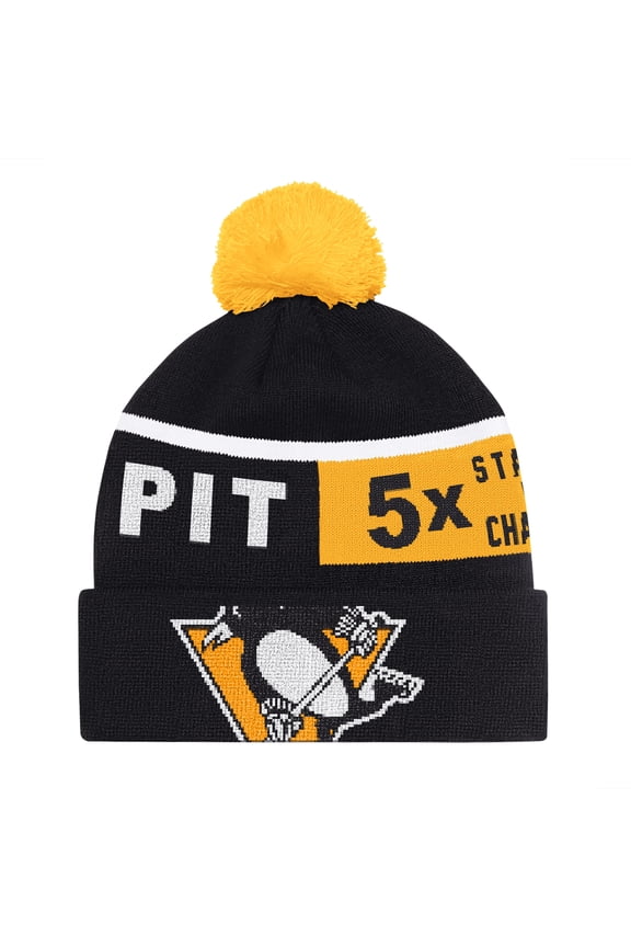 Men's Starter Black Pittsburgh Penguins Chyron Commemorative Cuffed Knit Hat with Pom