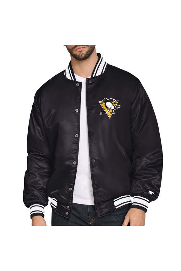 Men's Starter Black Pittsburgh Penguins Triangle Satin Varsity Full-Snap Jacket