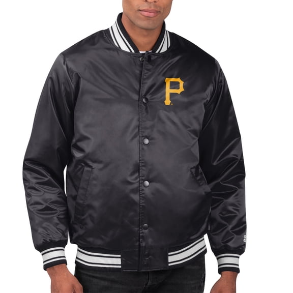 Men's Starter Black Pittsburgh Pirates Printed Team Logo Satin Varsity Full-Snap Jacket
