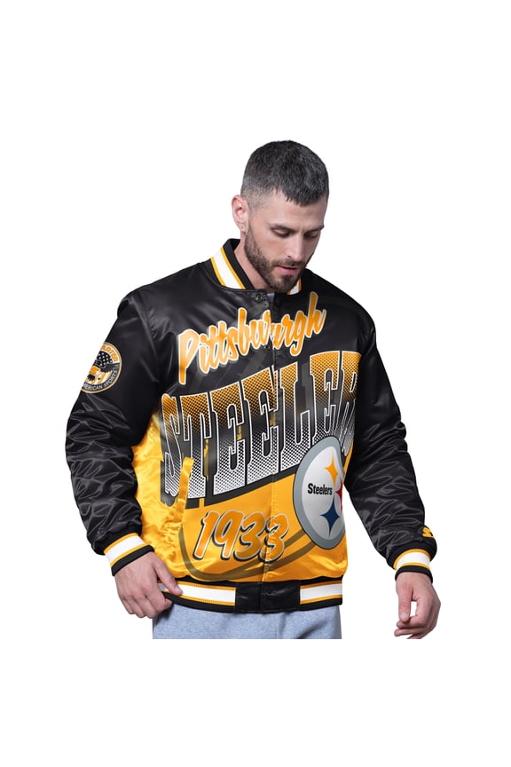 Men's Starter Black Pittsburgh Steelers Pass Rush Varsity Full-Snap Jacket