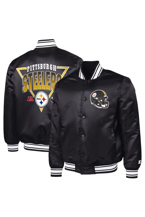 Men's Starter Black Pittsburgh Steelers Printed Triangle Graphic Satin Full-Snap Varsity Jacket