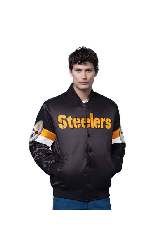 Men's Starter Black Pittsburgh Steelers Triple Option Satin Varsity Full-Snap Jacket