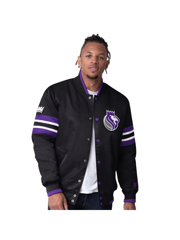 Men's Starter Black Sacramento Kings Scout Varsity Satin Full-Snap Jacket