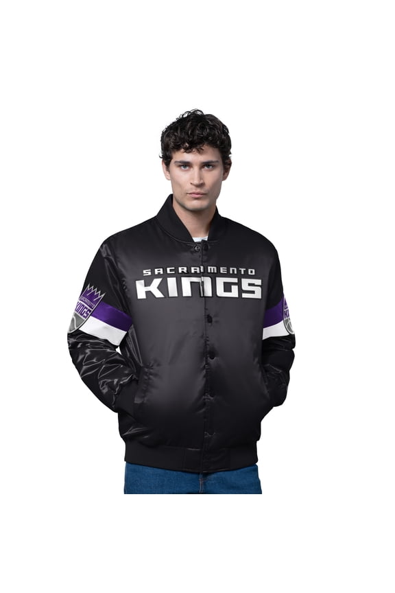 Men's Starter Black Sacramento Kings Triple Option Varsity Full-Snap Satin Jacket